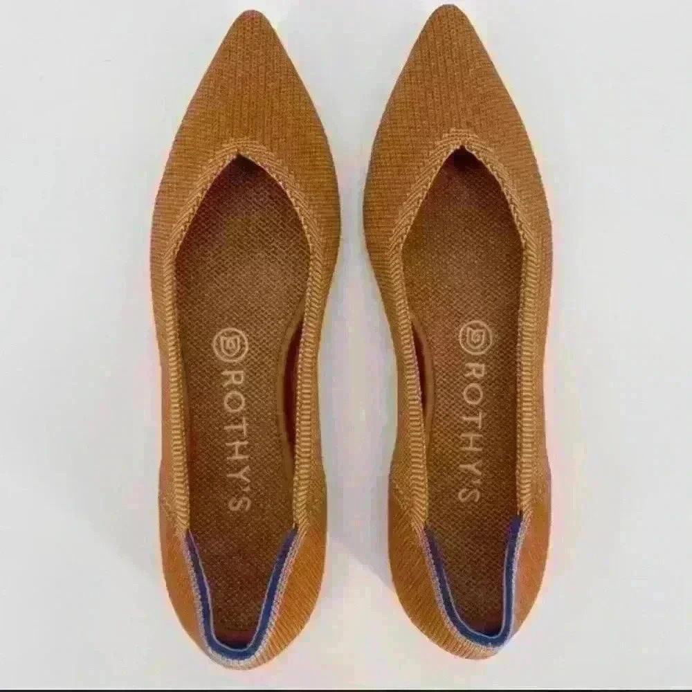 Rothy's Women's Pointed Flats in Caramel Brown with Navy Trim